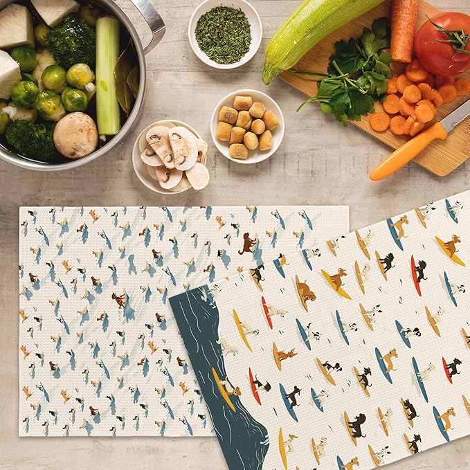 Dogs Surfing Kitchen Towels Set of 2, Coastal Summer Bathroom Decor, Dog Lover Gifts Beach Lovers Hand Towel, Ocean Surf Decorative Tea Towel Dish Towels 16x24 Inch