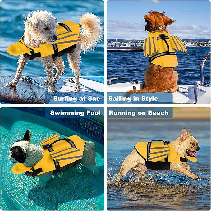 Dog Life Jacket, Cute Wings Adjustable Dog Life Vest with Chin Float and Handle for Swimming Boating Reflective High Buoyancy Swim Float Vest for Small Medium Large Dogs (Yellow, XL)