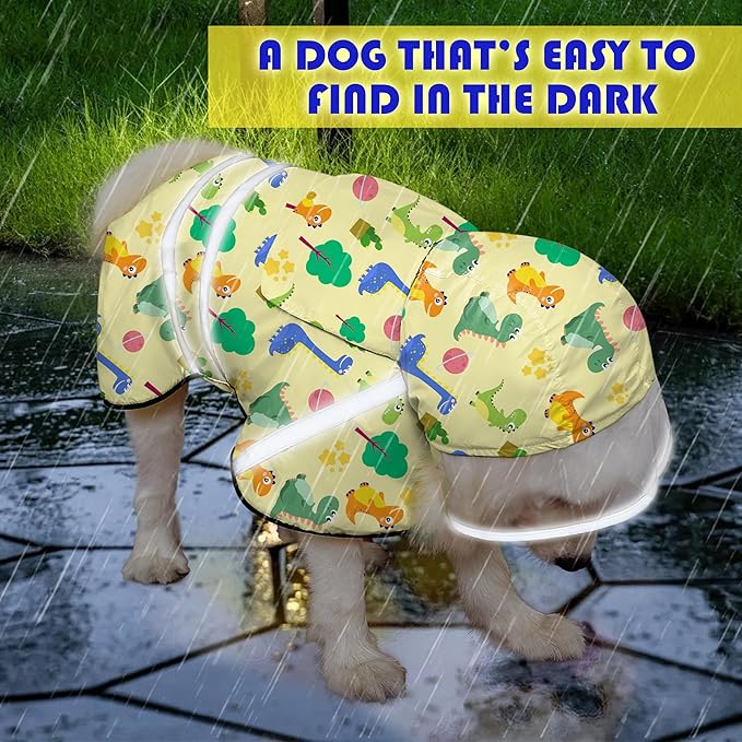 Dog Raincoat, Adjustable Rain Jacket with Hooded Double Layer for Large Medium Small Dogs Puppies, Lightweight Waterproof Rain Coat Poncho with Reflective Stripe Dinosaurs Yellow,S