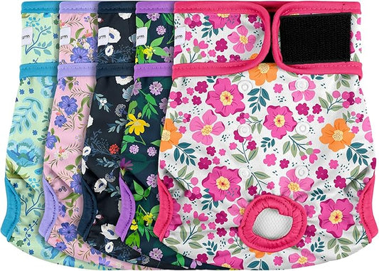 5 Pack Reusable Diapers for Doggie, Highly Absorbent Dog Diapers Female for Pet with Incontinence or Frequent Urination, Small Dog Diapers Female, Flowers
