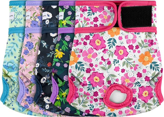 5 Pack Reusable Diapers for Doggie, Highly Absorbent Dog Diapers Female for Pet with Incontinence or Frequent Urination, XX-Large Dog Diapers Female, Flowers