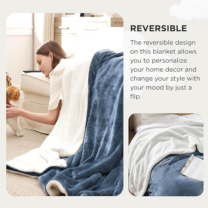 Bedsure GentleSoft Sherpa Fleece Cal King Blankets for Bed, Non-Heated, Thick and Warm Oversized Throw for Women and Men, Soft Fuzzy Plush Large Blanket for Winter, Slate Blue, 112x98 Inches