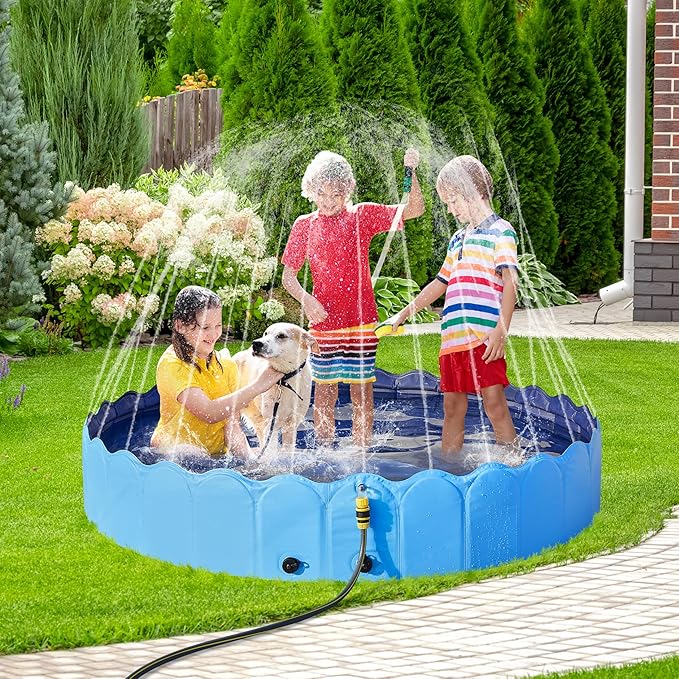 Yaheetech Foldable Dog Bath Pool Collapsible Dog Bathing Tub Doggie Wading Pool with Sprinkler for Indoor/Outdoor Use Suitbale for Puppy Small Medium Dogs Cats(Blue, 79x13 inch)