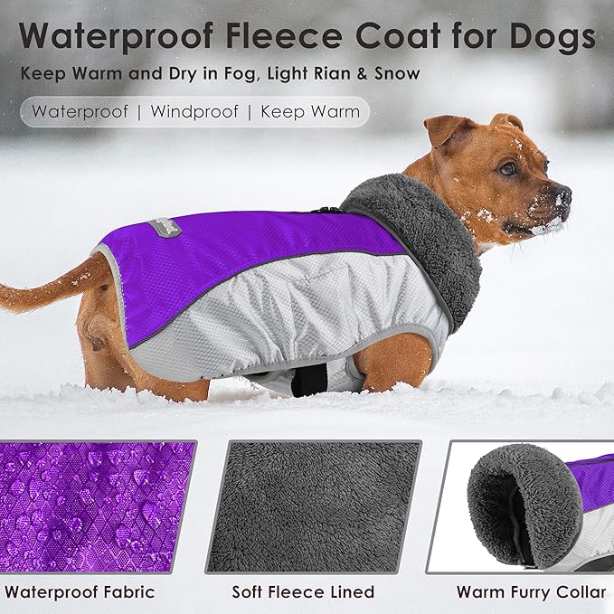 Dog Coat, Waterproof Ripstop Dog Winter Jacket with Leash Hole, Reflective Adjustable Warm Pet Fleece Snow Sweater for Small Medium Large Dogs - Purple, L