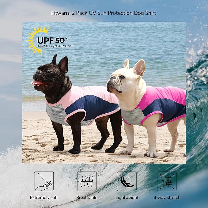 Fitwarm 2 Pack UPF 50+ UV Sun Protection Dog Shirt, Lightweight Breathable Cooling Vest, Quick Dry Dog Summer Clothes for Small Dogs Boy Girl, Reflective Label Pet Cat Outfit, Pink, XS