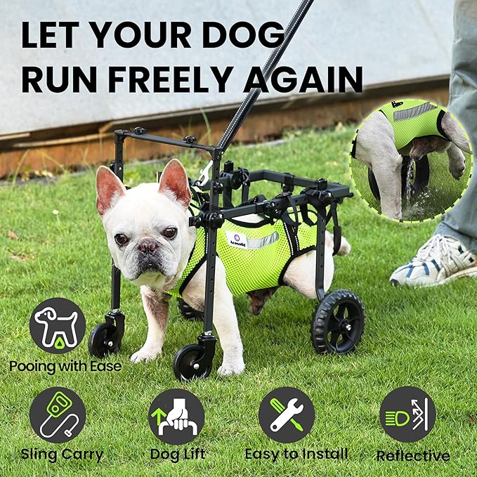 Dog Wheelchair for Back Legs, for All Breed Dog - Includes High-Visibility Vest, Leash & Sling Lift, for Arthritis, Paralyzed, Injured, or Disabled Dogs (4Wheels-S, for Small Breed Dog)