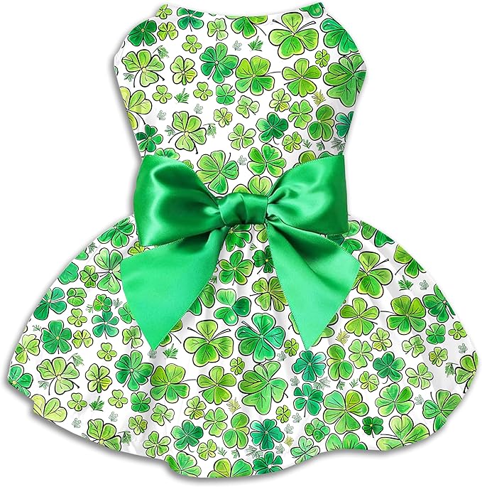 St. Patrick Day Dog Dress Holiday Irish Lucky Clover Dress Outfits Skirt for Small Boys and Girls Puppies Pets Doggie