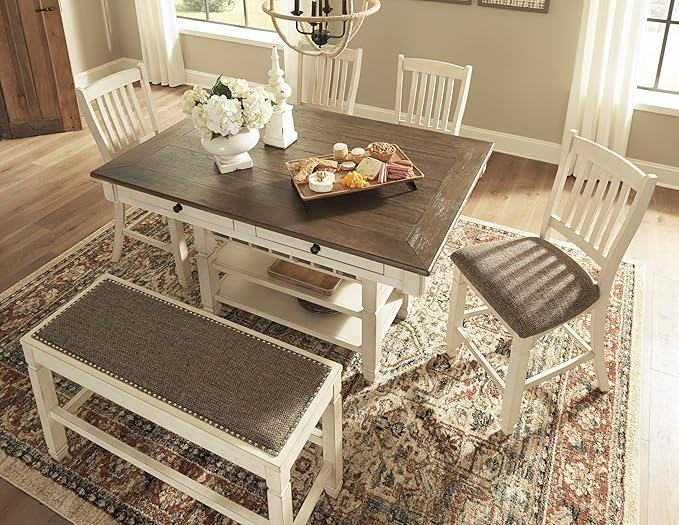 Signature Design by Ashley Bolanburg Rectangular Counter Dining Room Table, 4 Drawers, Seats 6, Storage Rack, Wood, 60" W x 40" D x 36" H, White & Brown