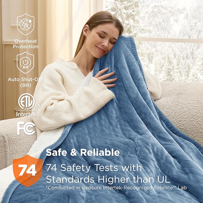 Bedsure Electric Blanket Twin - Soft Flannel Heated Blanket Twin Size, Fast Heating with 6 Time Settings (Up to 10H) & 6 Heat Settings, Warm Gifts for Grandma (62x84 inches, Blue)