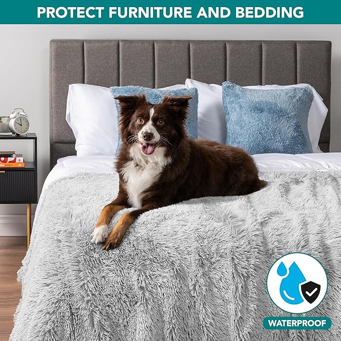 PetAmi Waterproof Dog Blanket for Large Dog, Queen Size Calming Pet Blanket Couch Cover Protector, Sherpa Faux Fur Cat Throw for Sofa Furniture Bed, Soft Fluffy XL, 90x90 Light Gray