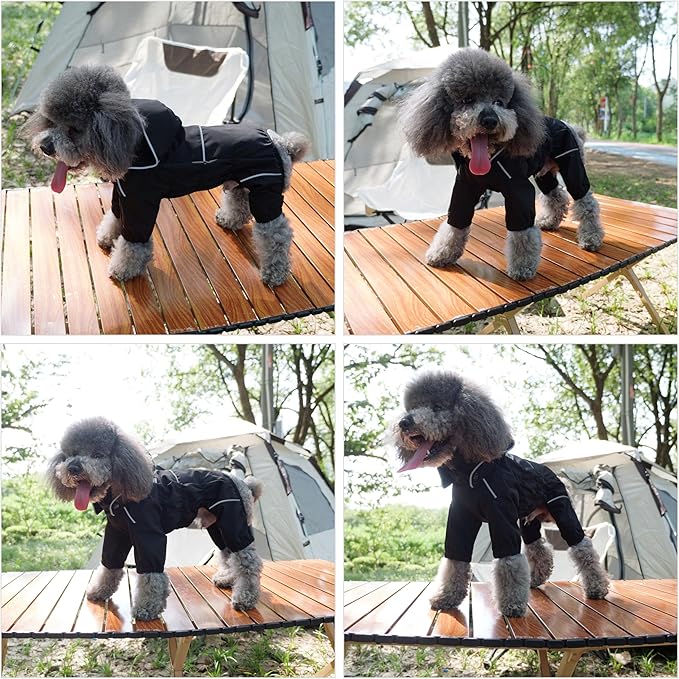 LOVELONGLONG Waterproof Dog Raincoat with Removable Hood – Outdoor Full Body Dog Jacket, Windproof Snowproof Shell Suit – All Season Pet Rain Gear Black S+