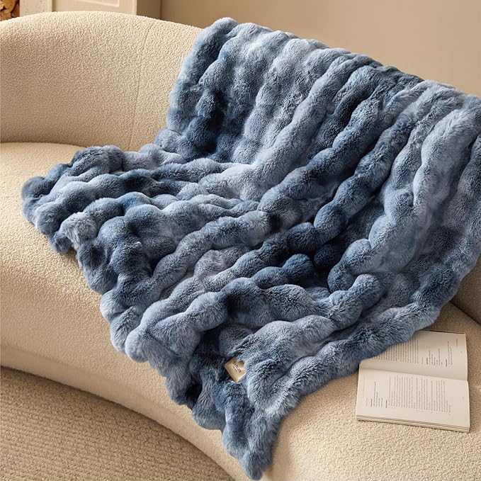 Bedsure GentleSoft Fluffy Fuzzy Tie-dye Blue Throw Blanket, Soft Cozy Fleece Faux Fur Blanket for Couch, Navy Blue Room Decor Minky Velvet Bed Cover, Thick Warm Plush Women Men Birthday Gifts