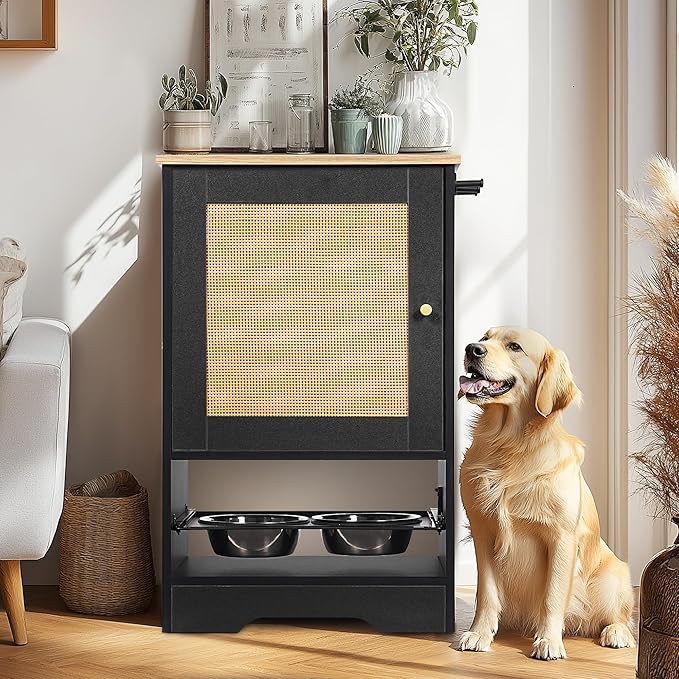 Pet Feeder Station Dog Feeding Station Dog Food Toy Storage Cabinet Storage Container with 2 Pull Out Bowls, Adjustable Panel, Side Hooks, Rattan Door, Black (20.5" Lx14.6 Wx32.1 H)