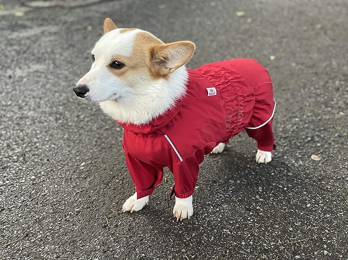 Lovelonglong Waterproof Dog Raincoat – 4-Leg Full Body Dog Rain Suit with Reflective Strips & Leash Opening, Outdoor Dog Jacket for Rainy Weather