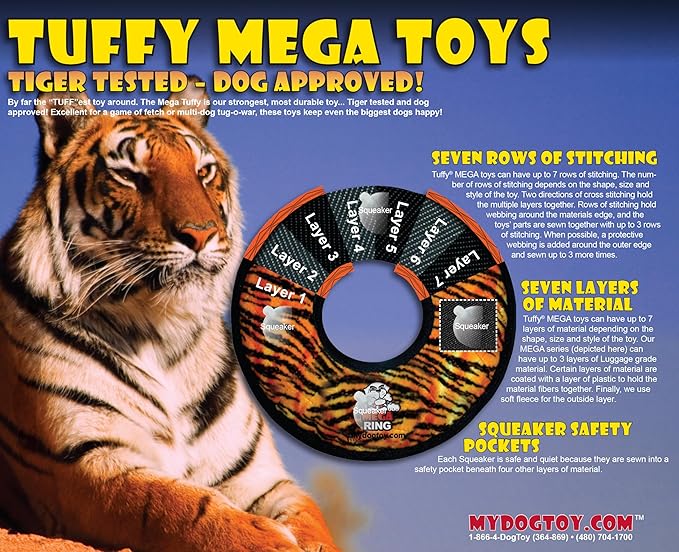 TUFFY - World's Tuffest Soft Dog Toy - MEGA - Tug Oval - Brick -Multiple Layers. Made Durable, Strong & Tough. Interactive Play (Tug, Toss & Fetch). Machine Washable & Floats