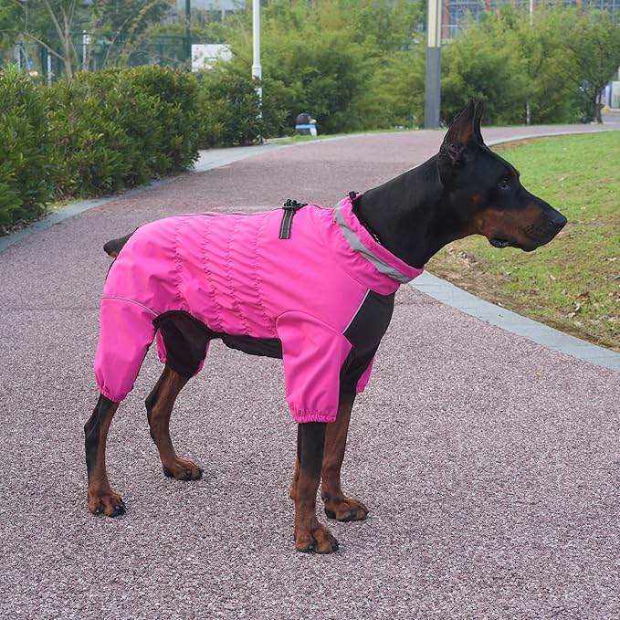 Winter Waterproof Dog Snowsuit – Full Body Outdoor Jacket with Leash Ring, Fleece Lining, Windproof Reflective 4-Leg Dog Coat for Small to Large Dogs Hot Pink XL