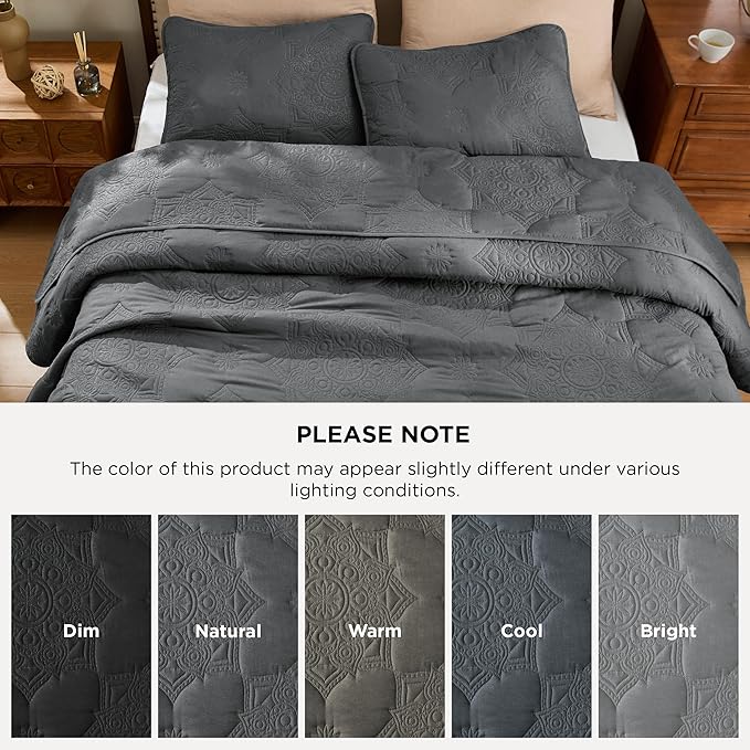 Bedsure King Size Quilt - Stitch-Free Ultrasonic Quilting, Dark Grey Bedspread with Modern Vintage Mandala Embossed Pattern, Lightweight All-Season Comforter & Coverlet, 106 x 96 Inches | Stitch-Free Quilting, Ultra Soft, Lightweight, Machine Washable,...