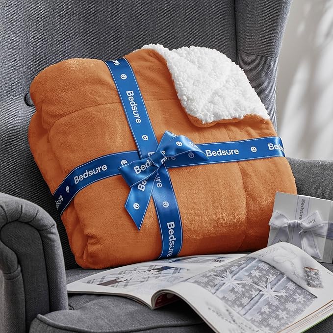 Bedsure GentleSoft Sherpa Fleece Throw Blanket for Couch, Non-Heated, Thick and Warm Throw for Women and Men, Soft Fuzzy Plush Blanket for Winter, Burnt Orange, 50x60 Inches