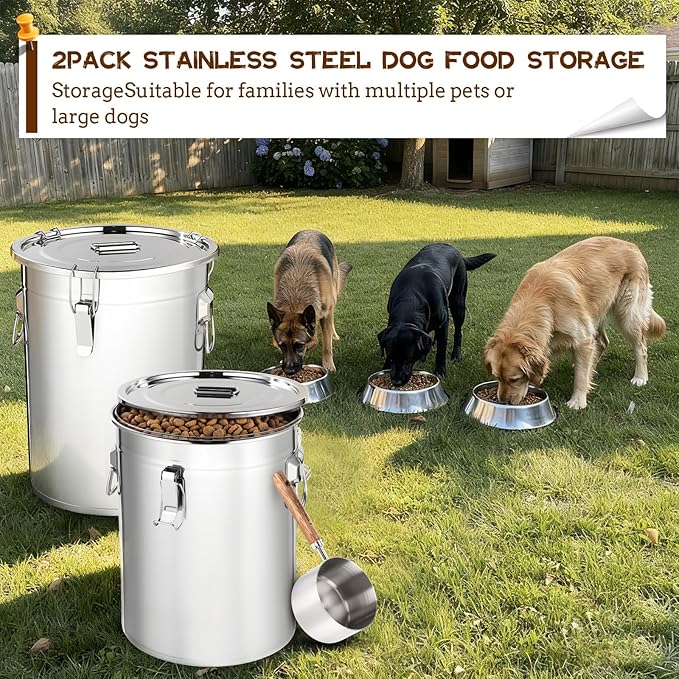 Lounsweer 2 Pack 7 Gal Stainless Steel Dog Food Storage Container with Lid and Locking Clamp 28 L Metal Airtight Container Large Stainless Steel Bucket with Food Scoop for Pet Feed