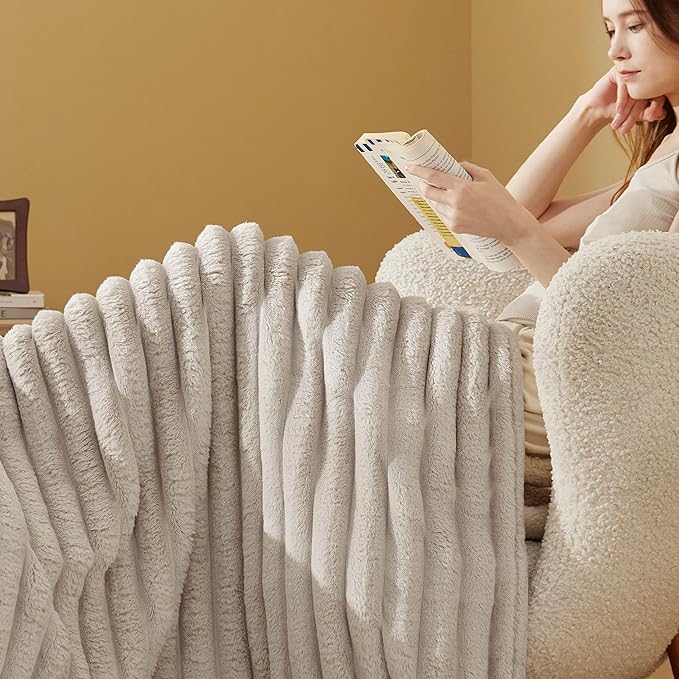 Bedsure Throw Blanket for Couch - 350GSM Super GentleSoft Fuzzy Fluffy Cozy Fleece Blankets for Women, Cute Small Plush Throws for Girls, Linen, 50x60 Inches, Wider Striped Design