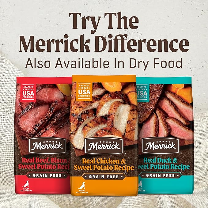 Merrick Grain Free Wet Dog Food, Premium Gluten Free Canned Variety Pack, Beef, Chicken and Turkey Recipes - (Pack of 12) 12.7 oz. Cans