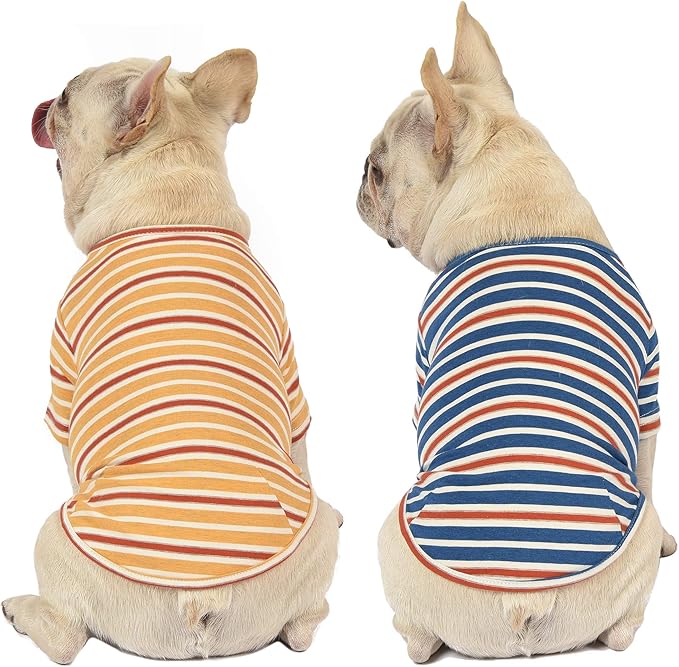 Dog Shirts Cotton Striped T-Shirt, Summer Pet Clothes for Small Dogs, 2-Pack Soft Puppy Apparel Cat Tee, Breathable Stretchy, Blue Yellow L