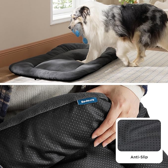 Bedsure Washable Dog Crate Pad for Large Dogs, Anti-Slip Puppy Kennel Dog Bed for Crate - Ultra Soft Fleece Flat Thin Pet Mat (Not Chew Proof), Grey 35"x22"