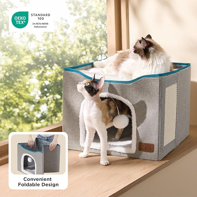 Bedsure Cat Beds for Indoor Cats - Large Cat Cave for Pet Cat House with Fluffy Ball Hanging and Scratch Pad, Foldable Cat Hideaway, 16.5x16.5x13 inches, Grey