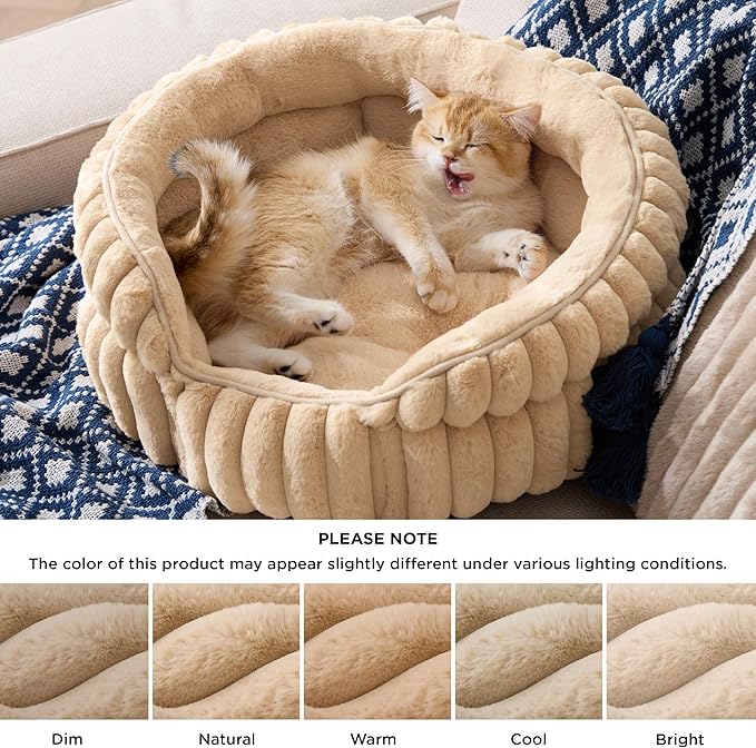 Bedsure ComfyFleece™ Cat Bed, Washable Round Cute Pet Beds for Indoor Cats, Super Soft Corduroy Kitten Bed with Anti-Slip Bottom, 20''x20''x8'', Sandy Beige