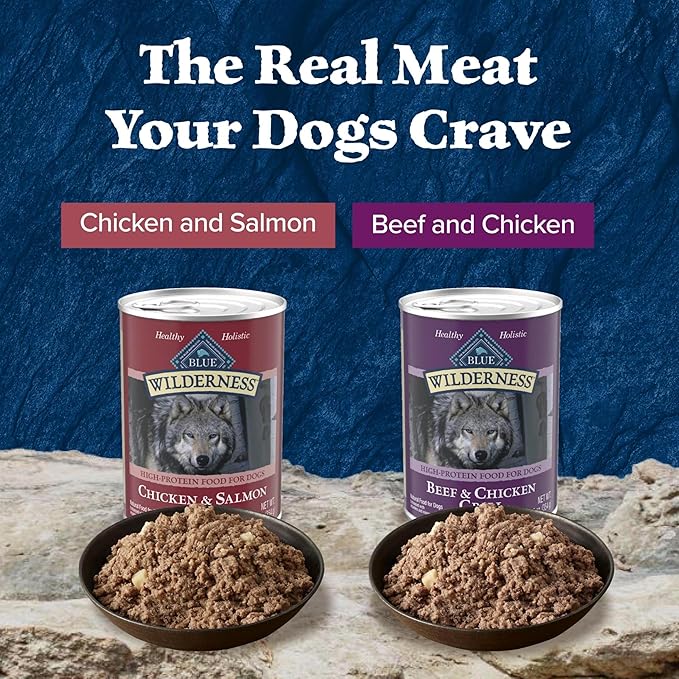 Blue Buffalo Wilderness High Protein Beef and Chicken & Salmon and Chicken Wet Dog Food Variety Pack for Adult Dogs, Grain-Free, 12.5 oz Cans (6 Pack)