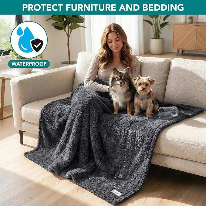 PetAmi Fluffy Waterproof Dog Blanket for Small Medium Dogs, Soft Warm Pet Sherpa Throw Pee Proof Couch Cover, Reversible Cat Puppy Bed Blanket Sofa Protector, Plush Washable Pad (Grey, 29x40)