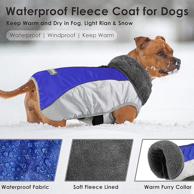 Dog Coat, Waterproof Ripstop Dog Winter Jacket with Leash Hole, Reflective Adjustable Warm Pet Fleece Snow Sweater for Small Medium Large Dogs - Blue, L