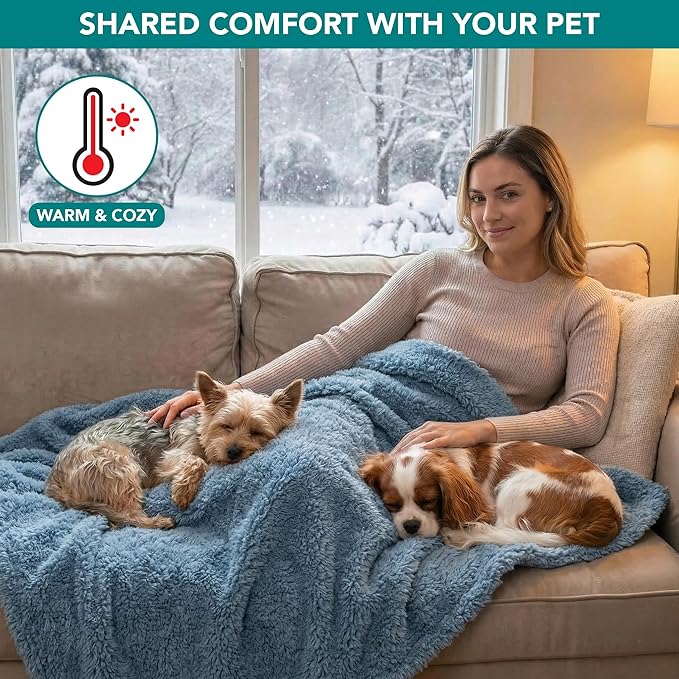 PetAmi Fluffy Waterproof Dog Blanket for Small Medium Dogs, Soft Warm Pet Sherpa Throw Pee Proof Couch Cover, Reversible Cat Puppy Bed Blanket Sofa Protector, Plush Washable Pad (Dusty Blue, 29x40)