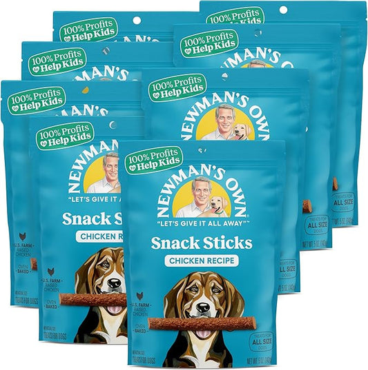 Newman's Own Chicken Recipe Dog Snack Sticks, 5 oz Bag (Pack of 8) — Soft Chewy Meat Sticks, US Farm-Raised Chicken, No Corn Wheat or Soy, Wholesome Training Rewards, Made in USA