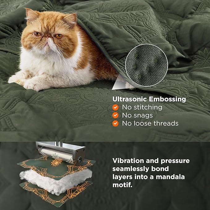 Bedsure Quilts Queen Size - Stitch-Free Ultrasonic Quilting,Olive Green Bedspread with Modern Vintage Mandala Embossed Pattern, Lightweight All-Season Comforter & Coverlet, 90 x 96 Inches | Stitch-Free Quilting, Ultra Soft, Lightweight, Machine Washabl...