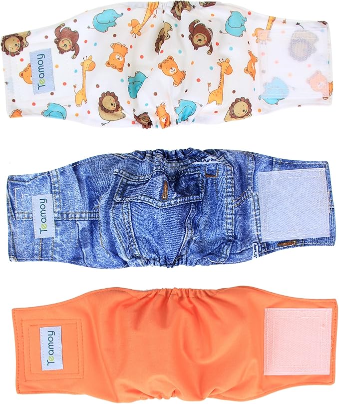 Teamoy Reusable Wrap Diapers for Male Dogs, Washable Puppy Belly Band Pack of 3 (XS, 7"-9" Waist, Orange+ Denim+ Fat Smile)