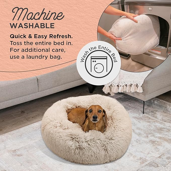 Best Friends by Sheri Bundle Set The Original Calming Shag Donut Cuddler Cat and Dog Bed + Pet Throw Blanket, Taupe, Small, 23x23