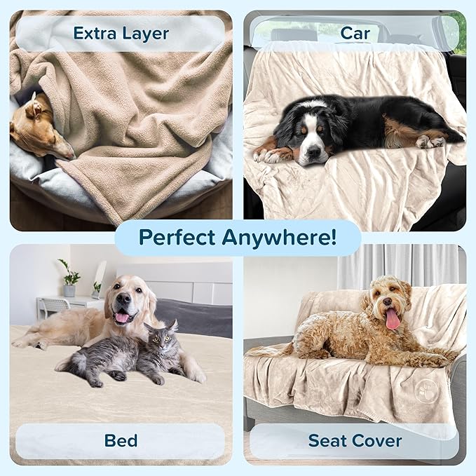 PETMAKER Dog Blanket - 60x80in Reversible Sherpa Blanket - Throw Blankets for Bed, Couch, Crate, or Car - Machine Washable Puppy Essentials (Cream)