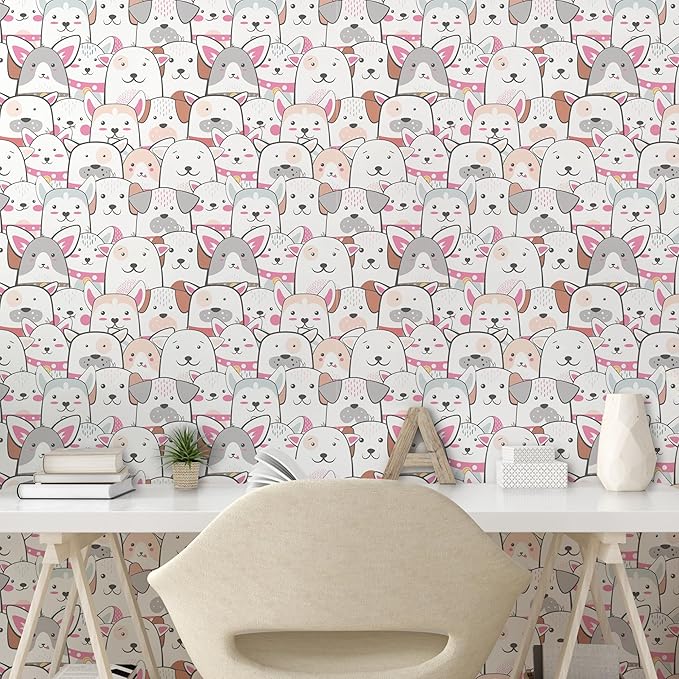 Ambesonne Dogs Peel & Stick Wallpaper for Home, Funny Animal Portraits with Smiles on Their Faces Cartoon Puppies Kawaii, Self-Adhesive Living Room Kitchen Accent, 13" x 100", Pink Grey and White