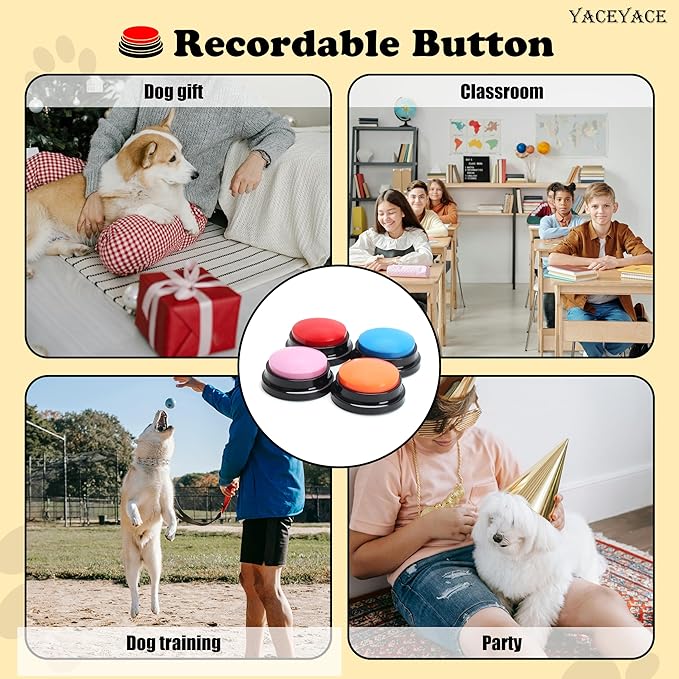 Voice Recordable Button, 4Pcs Colorful Dog Talking Buttons Starter Set, 30 Second Record Talking Button for Pets Train or Communication