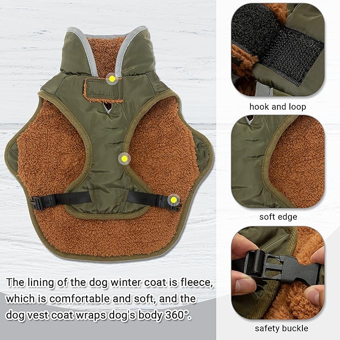 Dog Winter Coat - Warm Dog Clothes for Rain Snow Wind Cold Weather - Reflective Green Adjustable Windproof Pet Vest Jacket with Leash Hole for Small Medium Large Dogs Indoor Outdoor