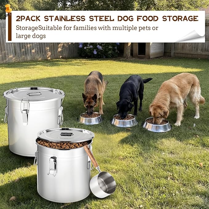Lounsweer 2 Pack 8.9 Gal Stainless Steel Dog Food Storage Container with Lid and Locking Clamp 33 L Metal Airtight Container Large Stainless Steel Bucket with Food Scoop for Pet Feed