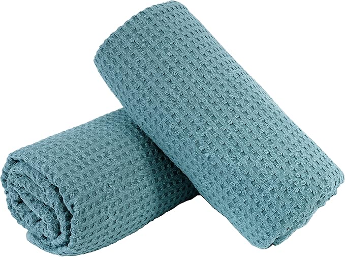 POLYTE Microfiber Oversize Quick Dry Lint Free Bath Towel, 60 x 30 in, Set of 2 (Green, Waffle Weave)