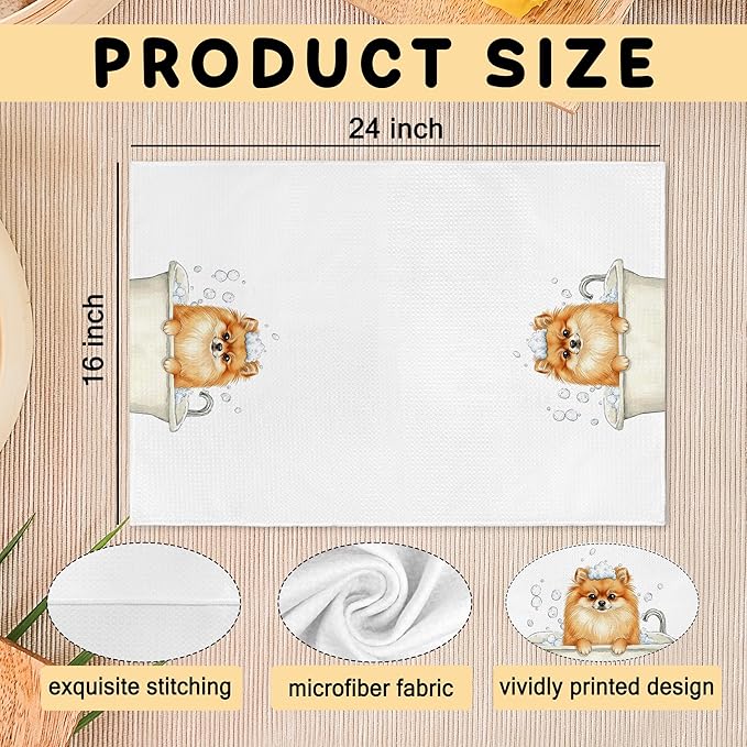 Funny Pomeranian Gifts Hand Towels, Dog Bathroom Decor, Cute Pomeranian Dog Dish Tea Towels, Funny Pomeranians in Bathtub Hand Towel for Toilet Kitchen Restroom Decor, 16x24 Inch