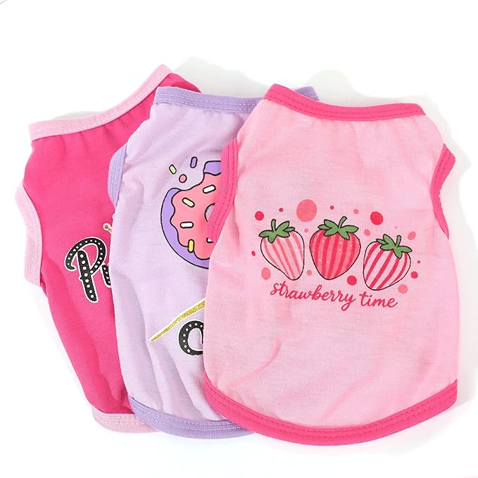 3 Pieces Dog Clothes for Small Dogs Girl Summer Dog Shirts Cute Printed Puppy Tshirts Pet Outfits Apparel, Medium, Pink, Rose, Purple