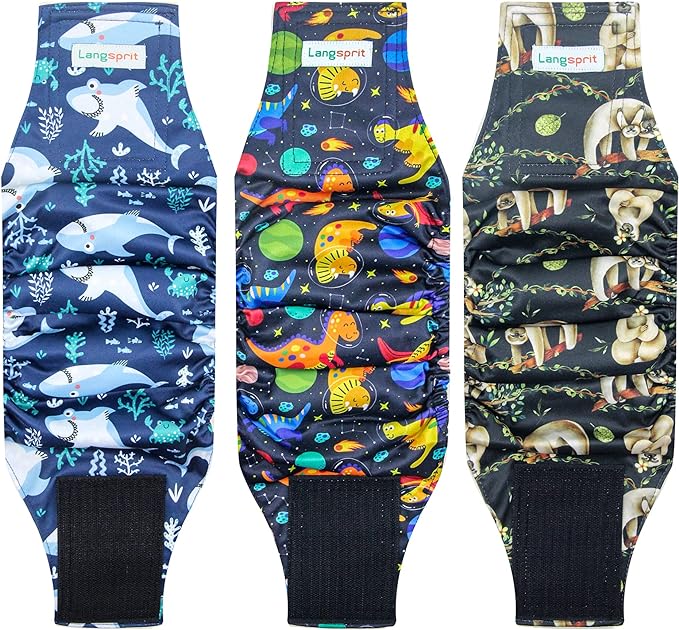 Langsprit Male Belly Bands for Dogs (Pack of 3) - High Absorbing Dog Wraps Male Washable - Reusable Dog Diapers (Sloth,Whale,Dinosaur, XX-Large)