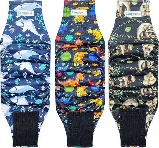 Langsprit Male Belly Bands for Dogs (Pack of 3) - Dog Diapers Male - High Absorbing Dog Wraps Washable - Reusable Small Doggy Doggie Puppy Dog Diapers (Sloth,Whale,Dinosaur, X-Small)