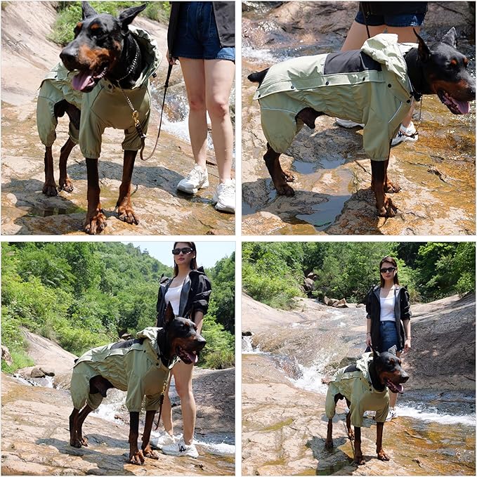 LOVELONGLONG Waterproof Dog Raincoat with Removable Hood – Outdoor Full Body Dog Jacket, Windproof Snowproof Shell Suit – All Season Pet Rain Gear Sage Green S+