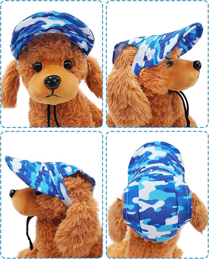 PET SHOW Dog Baseball Cap Camouflage Dog Visors for Small Medium Dogs Summer Waterproof Pet Sun Hats with Ear Holes Adjustable Drawstring Boy Puppy Hat -Blue/M