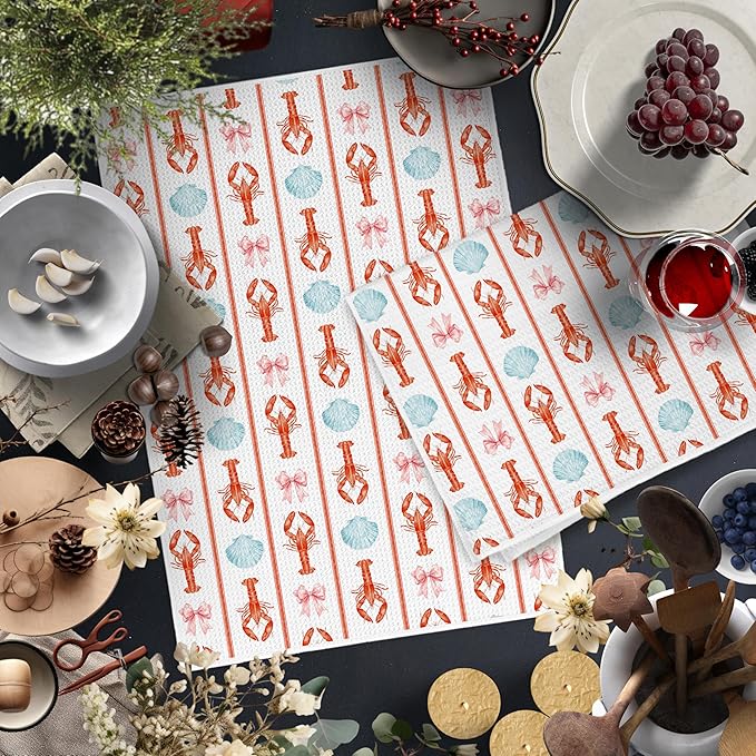 Coquette Lobster Seashell Coastal Kitchen Towels, Coastal Beach Dish Tea Towels for Kitchen Decor, Preppy Beach Hand Towels, Seafood Boil Party Supplies, 16x24 Inch Set of 2
